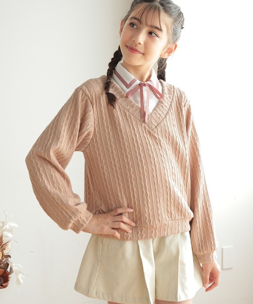 Amourire girl（アムリールガール）の「リボンタイ ブラウス×ライトニット ドッキングプルオーバー(130cm～160cm)（ニット/セーター・キッズ・オフホワイト/ベージュ・140cm/150cm/160cm/130cm）」の10枚目の写真