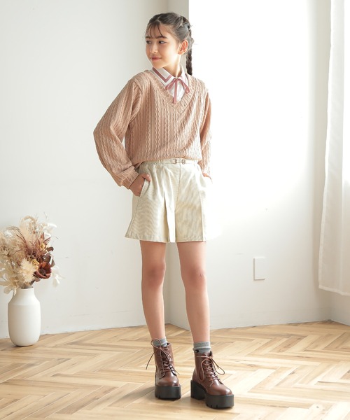 Amourire girl（アムリールガール）の「リボンタイ ブラウス×ライトニット ドッキングプルオーバー(130cm～160cm)（ニット/セーター・キッズ・オフホワイト/ベージュ・140cm/150cm/160cm/130cm）」の21枚目の写真