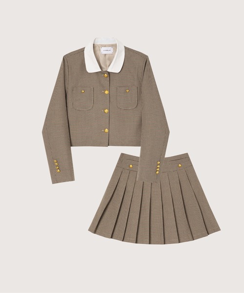 LA POMME petit(ラポミ・プチ)の「Houndstooth Gold Button Skirt Set-Up(セットアップ・レディース・ブラウン・MEDIUM/SMALL/LARGE)」の1枚目の写真