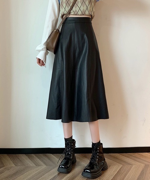 shopnikoniko(ショップニコニコ)の「ハイウエスト 合成皮革 ミモレ丈スカート ロングスカート(スカート・レディース・ブラック/ブラウン/ホワイト・フリー)」の6枚目の写真
