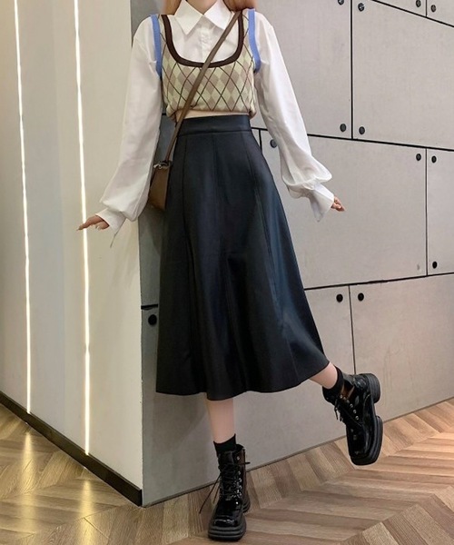 shopnikoniko(ショップニコニコ)の「ハイウエスト 合成皮革 ミモレ丈スカート ロングスカート(スカート・レディース・ブラック/ブラウン/ホワイト・フリー)」の7枚目の写真