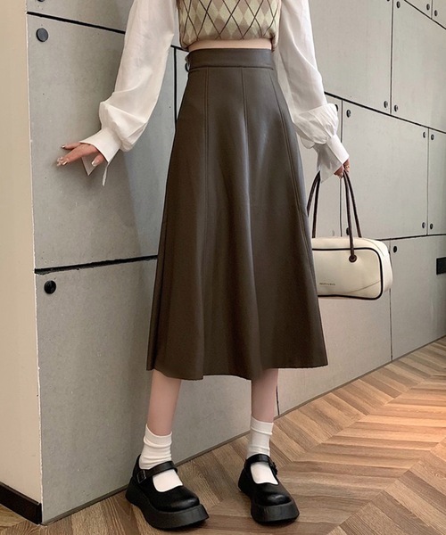 shopnikoniko(ショップニコニコ)の「ハイウエスト 合成皮革 ミモレ丈スカート ロングスカート(スカート・レディース・ブラック/ブラウン/ホワイト・フリー)」の16枚目の写真