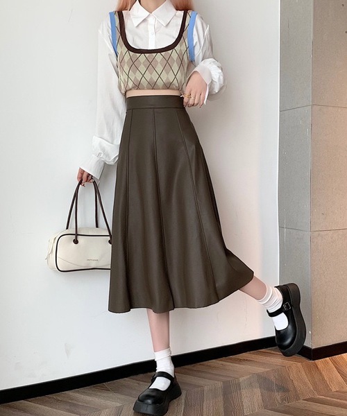 shopnikoniko(ショップニコニコ)の「ハイウエスト 合成皮革 ミモレ丈スカート ロングスカート(スカート・レディース・ブラック/ブラウン/ホワイト・フリー)」の18枚目の写真