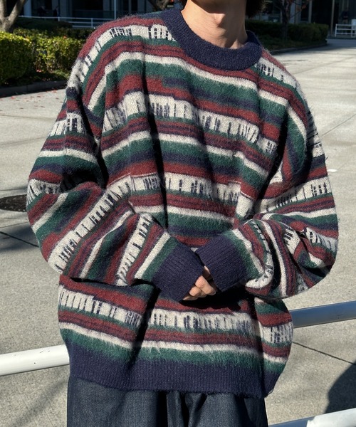 Perushu(ペルーシュ)の「ユーズドライクマルチボーダーニット(ニット/セーター・メンズ・モスグリーン/ネイビー・LARGE/MEDIUM)」の4枚目の写真