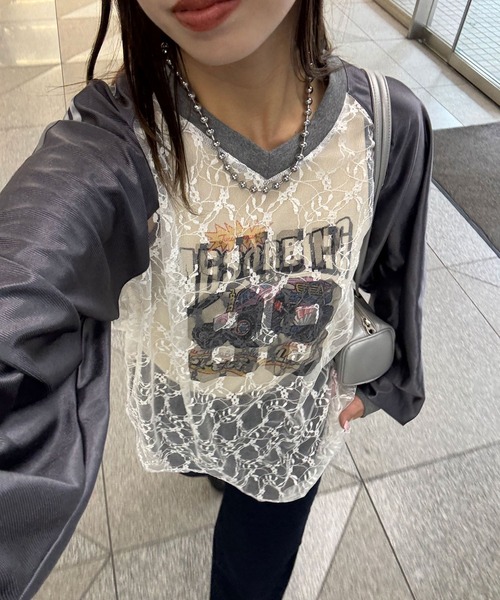 CIAOPANIC（チャオパニック）の「レースドッキングフットボールTee（Tシャツ/カットソー・レディース・グリーン/イエロー/ネイビー/イエロー系その他/ブルー系その他/グリーン系その他/ブラウン/ピンク/ブラック/グレー/ブラック系その他/ボルドー/ライトグレー・FREE）」の6枚目の写真