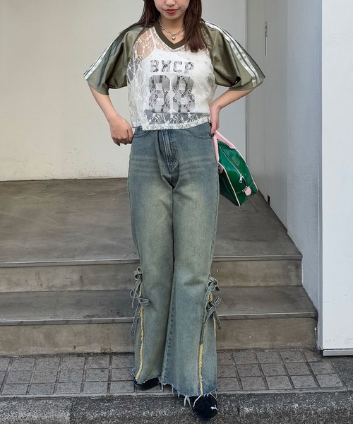 CIAOPANIC（チャオパニック）の「レースドッキングフットボールTee（Tシャツ/カットソー・レディース・グリーン/イエロー/ネイビー/イエロー系その他/ブルー系その他/グリーン系その他/ブラウン/ピンク/ブラック/グレー/ブラック系その他/ボルドー/ライトグレー・FREE）」の22枚目の写真