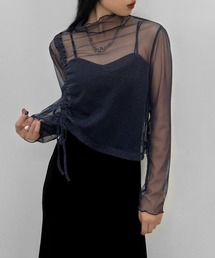 【LVEU.】シャーリングシアーハイネックトップス / トップス シアー シースルー ラメ メッシュ ハイネック カットソー シャーリング アシンメトリー アシメ ブラック ネイビー