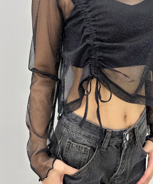 LVEU.(ラブユ.)の「【LVEU.】シャーリングシアーハイネックトップス / トップス シアー シースルー ラメ メッシュ ハイネック カットソー シャーリング アシンメトリー アシメ ブラック ネイビー(Tシャツ/カットソー・レディース・ブラック/ネイビー・FREE)」の9枚目の写真