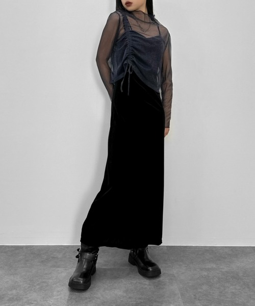 LVEU.(ラブユ.)の「【LVEU.】シャーリングシアーハイネックトップス / トップス シアー シースルー ラメ メッシュ ハイネック カットソー シャーリング アシンメトリー アシメ ブラック ネイビー(Tシャツ/カットソー・レディース・ブラック/ネイビー・FREE)」の15枚目の写真