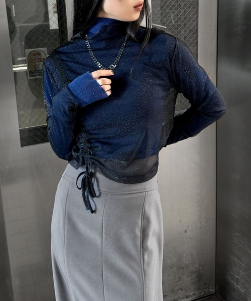 LVEU.(ラブユ.)の「【LVEU.】シャーリングシアーハイネックトップス / トップス シアー シースルー ラメ メッシュ ハイネック カットソー シャーリング アシンメトリー アシメ ブラック ネイビー(Tシャツ/カットソー・レディース・ブラック/ネイビー・FREE)」の19枚目の写真