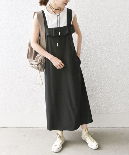 SHIPS any(シップス エニィ)の「SHIPS any:〈洗濯機可能〉フレンチ Tシャツ × フリル ジャンパースカート セット(ジャンパースカート・レディース・ブラック/ベージュ/オリーブ・ONE SIZE)」の8枚目の写真