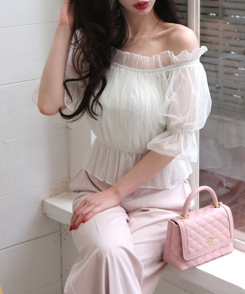 ROYAL PARTY（ロイヤルパーティー）の「ラメチュールオフショルトップス（Tシャツ/カットソー・レディース・イエロー/オフホワイト/グレー・FREE）」の2枚目の写真