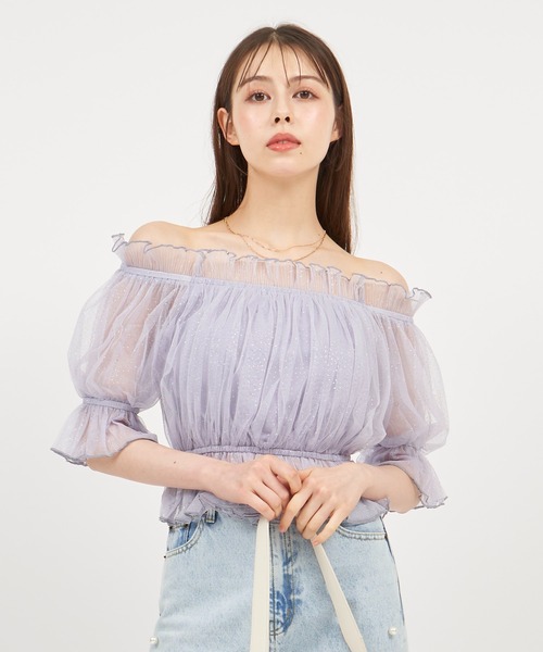 ROYAL PARTY（ロイヤルパーティー）の「ラメチュールオフショルトップス（Tシャツ/カットソー・レディース・イエロー/オフホワイト/グレー・FREE）」の18枚目の写真