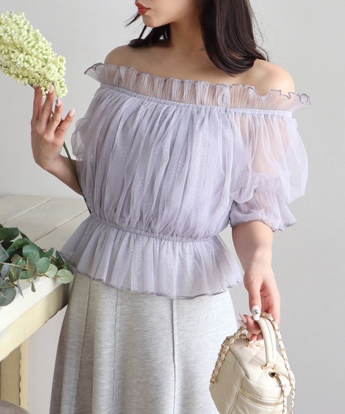 ROYAL PARTY（ロイヤルパーティー）の「ラメチュールオフショルトップス（Tシャツ/カットソー・レディース・イエロー/オフホワイト/グレー・FREE）」の9枚目の写真