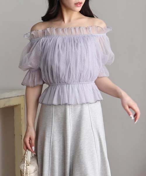 ROYAL PARTY（ロイヤルパーティー）の「ラメチュールオフショルトップス（Tシャツ/カットソー・レディース・イエロー/オフホワイト/グレー・FREE）」の10枚目の写真