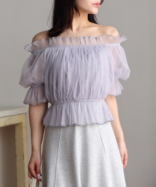 ROYAL PARTY（ロイヤルパーティー）の「ラメチュールオフショルトップス（Tシャツ/カットソー・レディース・イエロー/オフホワイト/グレー・FREE）」の11枚目の写真