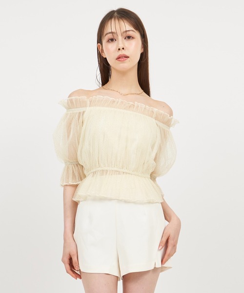 ROYAL PARTY（ロイヤルパーティー）の「ラメチュールオフショルトップス（Tシャツ/カットソー・レディース・イエロー/オフホワイト/グレー・FREE）」の20枚目の写真