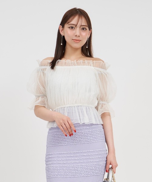 ROYAL PARTY（ロイヤルパーティー）の「ラメチュールオフショルトップス（Tシャツ/カットソー・レディース・イエロー/オフホワイト/グレー・FREE）」の22枚目の写真