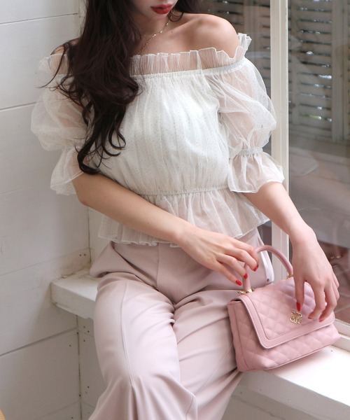 ROYAL PARTY（ロイヤルパーティー）の「ラメチュールオフショルトップス（Tシャツ/カットソー・レディース・イエロー/オフホワイト/グレー・FREE）」の6枚目の写真