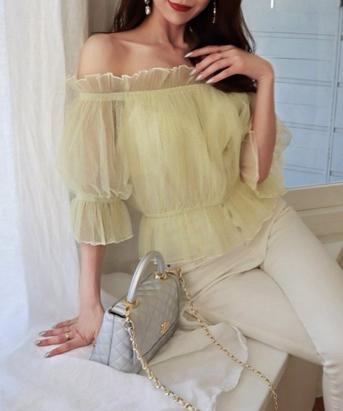 ROYAL PARTY（ロイヤルパーティー）の「ラメチュールオフショルトップス（Tシャツ/カットソー・レディース・イエロー/オフホワイト/グレー・FREE）」の7枚目の写真