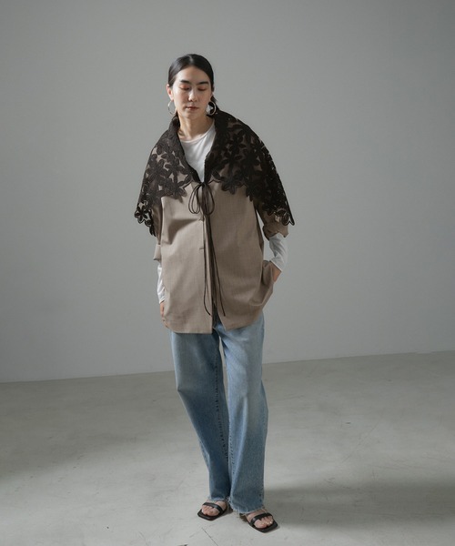 SALON adam et rope'（サロン アダム エ ロペ）の「ノーカラーオーバージャケット 無地/ストライプ【セットアップ対応】（ノーカラージャケット・レディース・チャコールグレー/グレー系その他・S/M）」の6枚目の写真