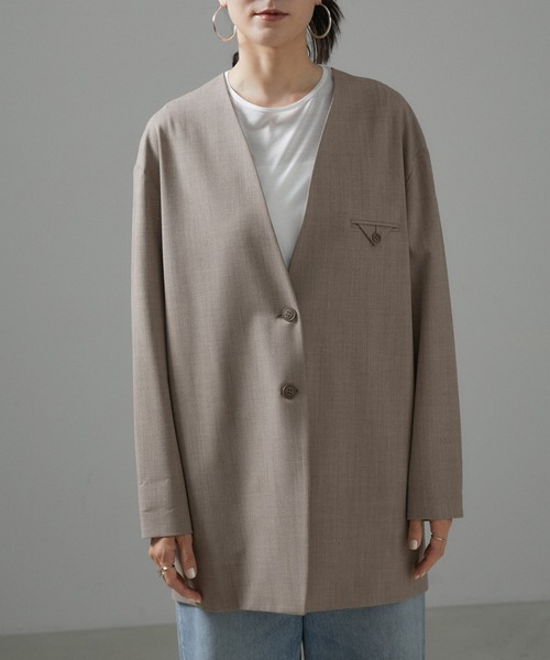 SALON adam et rope'（サロン アダム エ ロペ）の「ノーカラーオーバージャケット 無地/ストライプ【セットアップ対応】（ノーカラージャケット・レディース・チャコールグレー/グレー系その他・S/M）」の21枚目の写真