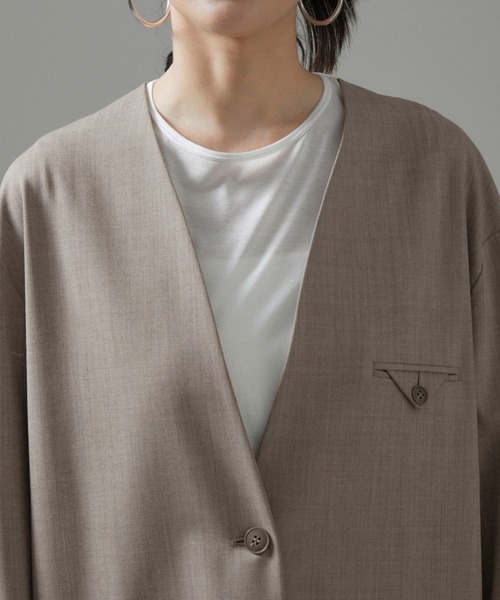 SALON adam et rope'（サロン アダム エ ロペ）の「ノーカラーオーバージャケット 無地/ストライプ【セットアップ対応】（ノーカラージャケット・レディース・チャコールグレー/グレー系その他・S/M）」の18枚目の写真