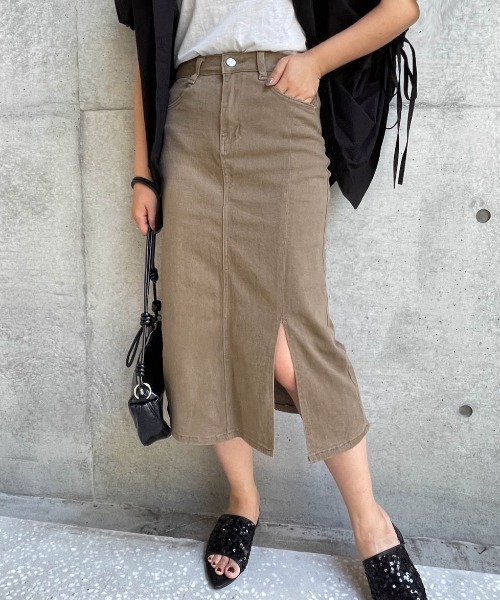 ketty cherie（ケティシェリー）の「チノ風スリットストレートスカート≪洗濯機で洗える≫（スカート・レディース・ブラウン/ベージュ・M）」の2枚目の写真