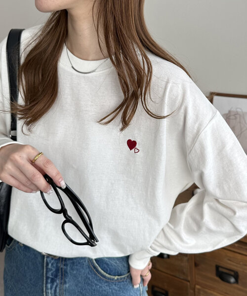 セール】【新色追加!/WEB限定】ハート刺繍ワンポイントロンT（Tシャツ
