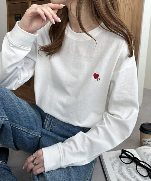 セール】【新色追加!/WEB限定】ハート刺繍ワンポイントロンT（T