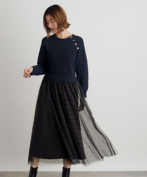 franche lippee ♡ワンピースコート レース　フード 取外可 金釦 セール】金ボタン付き片畦チュールドッキングワンピース