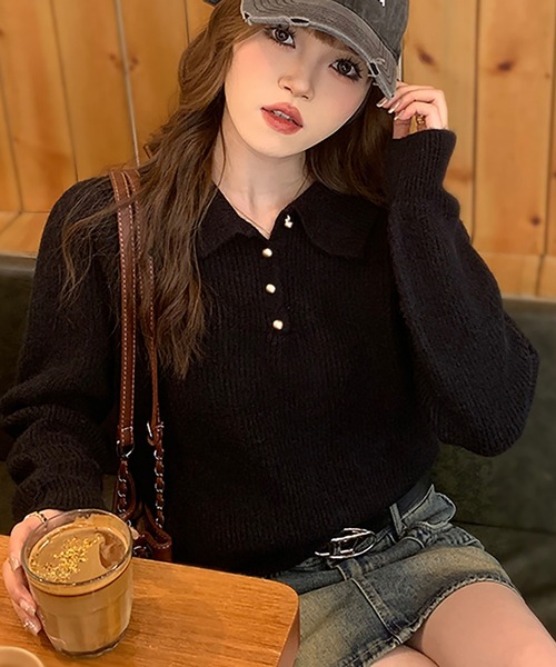 Girly Doll(ガーリードール)の「ポロカラーリブニット(ニット/セーター・レディース・ベージュ/ブルー/ブラック/アイボリー/レッド/ピンク・F)」の19枚目の写真