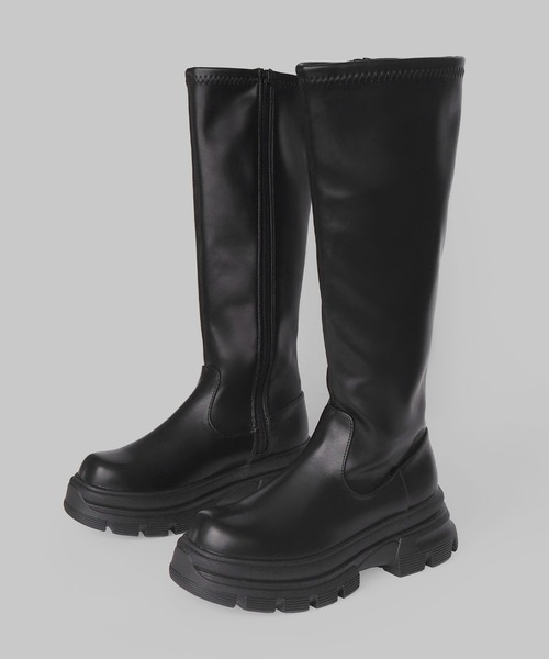 minia（ミニア）の「スニーカーソールロングブーツ ＜ インヒールストレッチ・ニットコンビ ＞（ブーツ・レディース・ブラック系1/ブラック系2・S/M/L）」の3枚目の写真