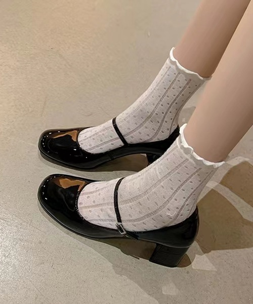 Lace Ladies エナメル調 ストラップ フレア ハイヒール パンプス（パンプス）