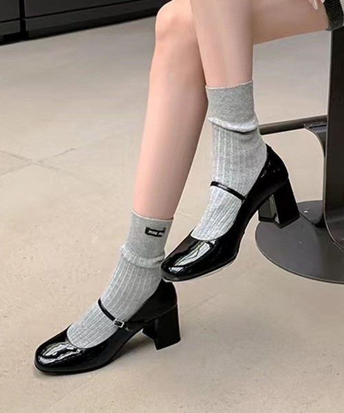 Lace Ladies エナメル調 ストラップ フレア ハイヒール パンプス（パンプス）