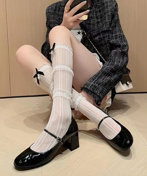 Lace Ladies エナメル調 ストラップ フレア ハイヒール パンプス（パンプス）