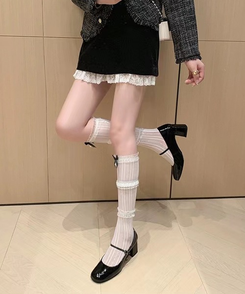 Lace Ladies エナメル調 ストラップ フレア ハイヒール パンプス（パンプス）
