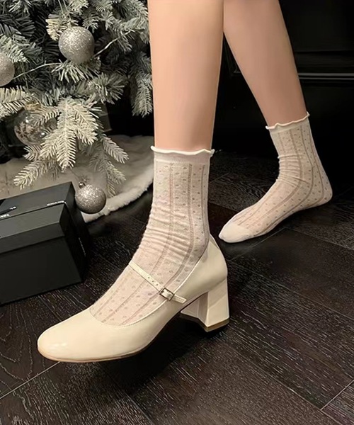 Lace Ladies エナメル調 ストラップ フレア ハイヒール パンプス（パンプス）