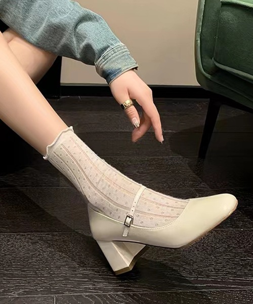 Lace Ladies エナメル調 ストラップ フレア ハイヒール パンプス（パンプス）