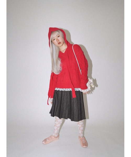 ニット セーター セット バラクラバ Vネックニット レース レディース Loungedress ニット セーター 2WAY鹿子ニット レディース