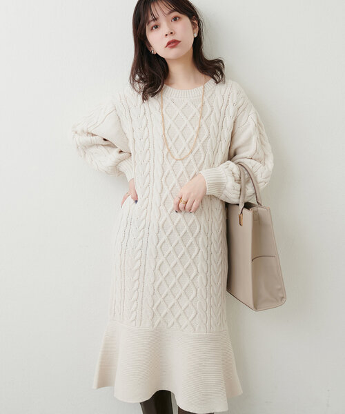 【WEB限定】裾フレアケーブルニットワンピース（ワンピース）｜natural couture（ナチュラルクチュール）