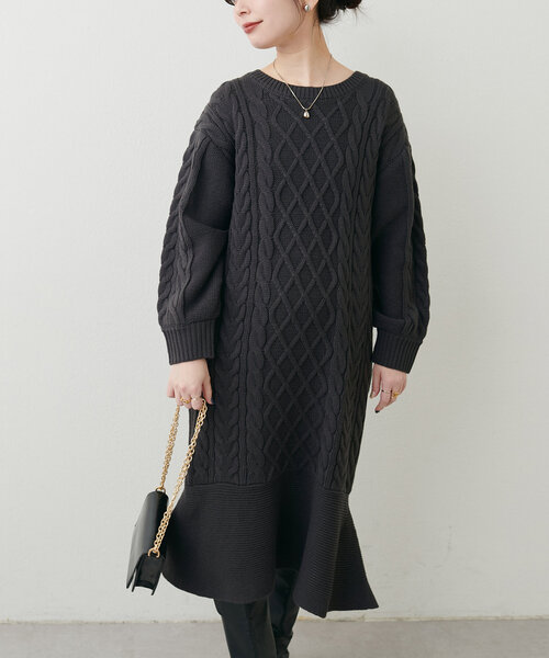 natural couture（ナチュラルクチュール）の「【WEB限定】裾フレアケーブルニットワンピース（ワンピース・レディース・モカ/ピンク系その他/オフホワイト/チャコールグレー・FREE）」の12枚目の写真