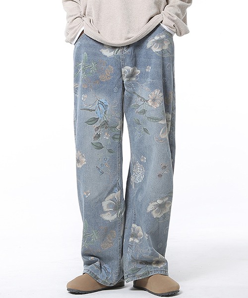 韓国系メンズ デザインデニムパンツ フラワー ワイド S3267 Theater code ジーンズ flower design wide denim pants
