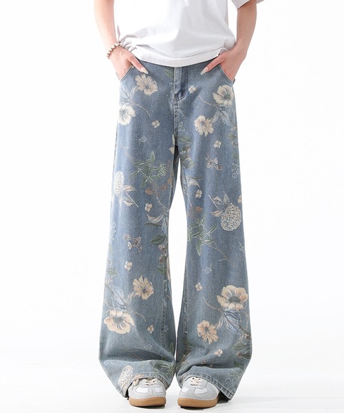 【45R】花柄 ワイド デニムパンツ(サイズ2) デニム 刺繍 ハート 花柄 2type ワイドパンツ ボトムス 2025春夏新作