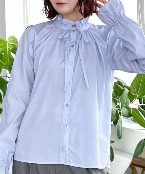 CLEAR BASIC（クリアベーシック）の「キャンディースリーブフリルブラウス[オフィスカジュアル リボン]≪CLEAR BASIC≫（シャツ/ブラウス・レディース・オフホワイト/サックスブルー/ブラック・F/FREE）」の3枚目の写真