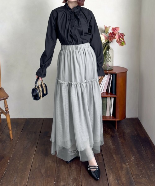 CLEAR BASIC（クリアベーシック）の「キャンディースリーブフリルブラウス[オフィスカジュアル リボン]≪CLEAR BASIC≫（シャツ/ブラウス・レディース・オフホワイト/サックスブルー/ブラック・F/FREE）」の6枚目の写真