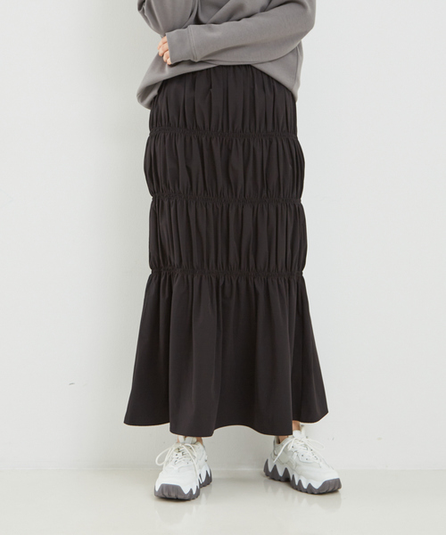 abahouse mavie(アバハウスマヴィ)の「シャーリングスカート/春服(スカート・レディース・ブラック/アイボリー/ダークグリーン・フリー)」の1枚目の写真