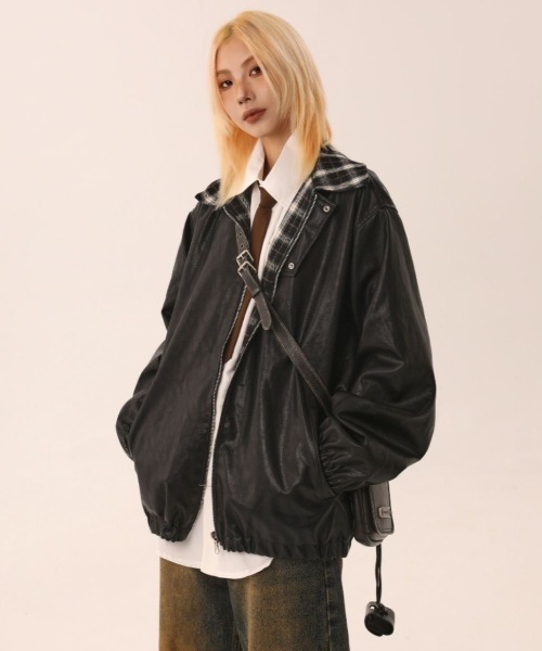 セール】【2WAY】リバーシブルチェックカラーレザージャケット