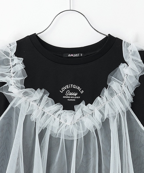 by LOVEiT（バイラビット）の「【ニコ☆プチ掲載】チュールキャミつきTシャツ（Tシャツ/カットソー・キッズ・オフホワイト/ブラック・150cm/140cm/160cm/130cm/120cm）」の4枚目の写真
