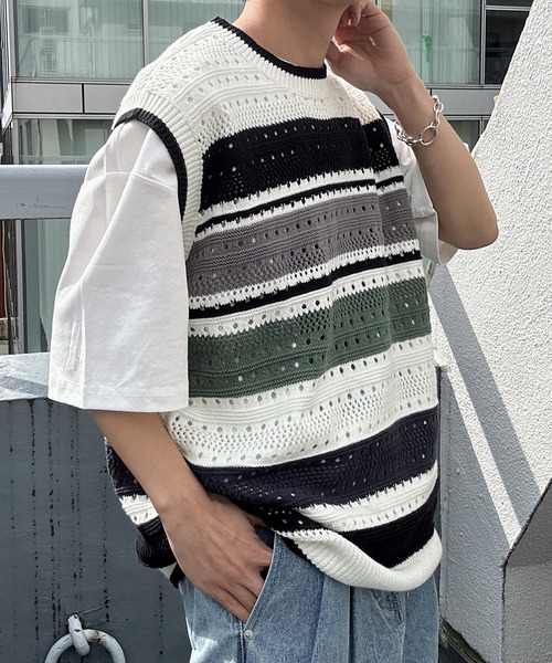 CREARE -LINO-（クレアーレリノ）の「マルチボーダーベスト（ベスト・メンズ・ブルー/ホワイト・FREE）」の9枚目の写真